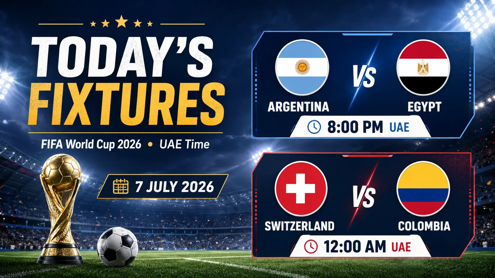 Argentina vs Egypt, Switzerland vs Colombia Today UAE Time
